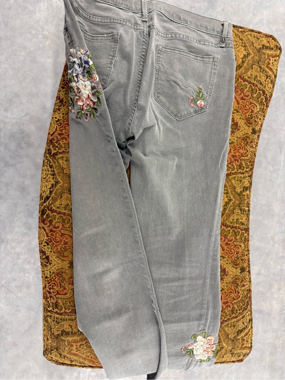 DRIFTWOOD Light Gray Straight Leg Jeans with Pink & Green Floral Embroidery - Picture 4 of 7